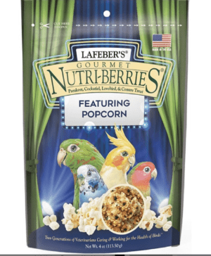 Lauber's Cockatiel Popcorn Nutri-Berries Treats 4oz featuring popcorn.